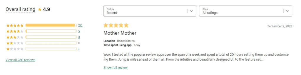 Junip overall rating on the Shopify app store